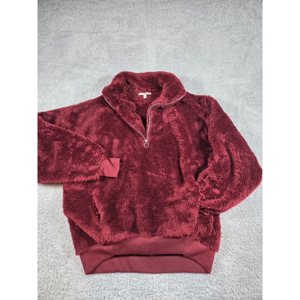 Burgundy Faux Fur Teddy Fleece‎ Quarter Zip Pullover Jacket Maroon Wine Red